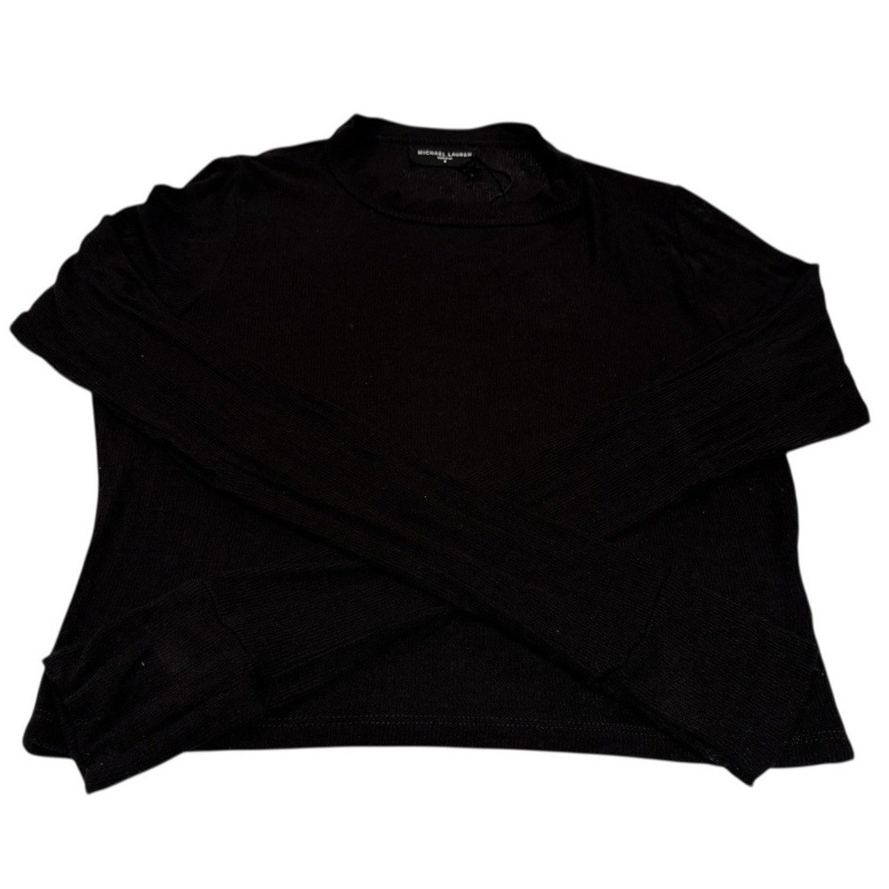 NWT Michael Lauren Ribbed Crop T-Shirt Black Long Sleeve Thumbholes